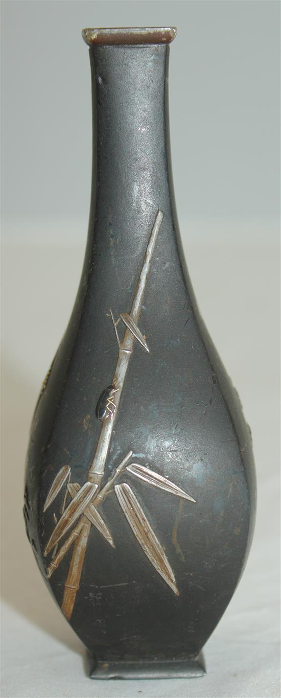 A small Japanese bronze and mixed metal square baluster vase, 10.7cm